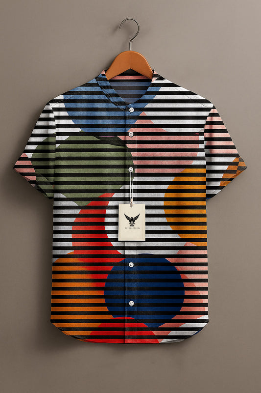 Geometry roundness streak Color match illusion Vintage Print Casual 100% Cotton Shirt