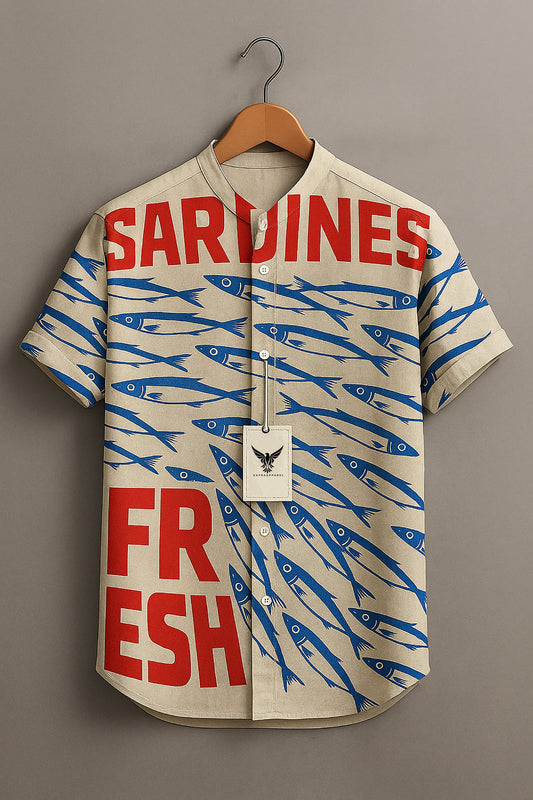 Vintage Fish Sardines Art Print Casual 100% Cotton Shirt