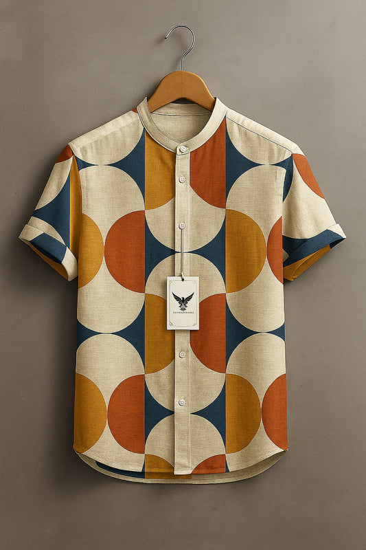 Retro Minimalist Color-block Symmetrical Geometry Print Casual 100% Cottton Shirt