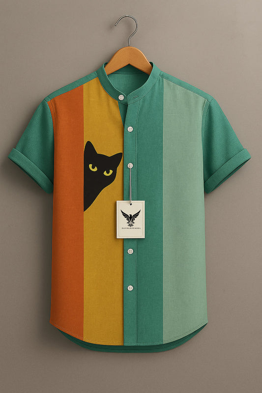 Cute Cat Print Casual 100% Cotton Shirt