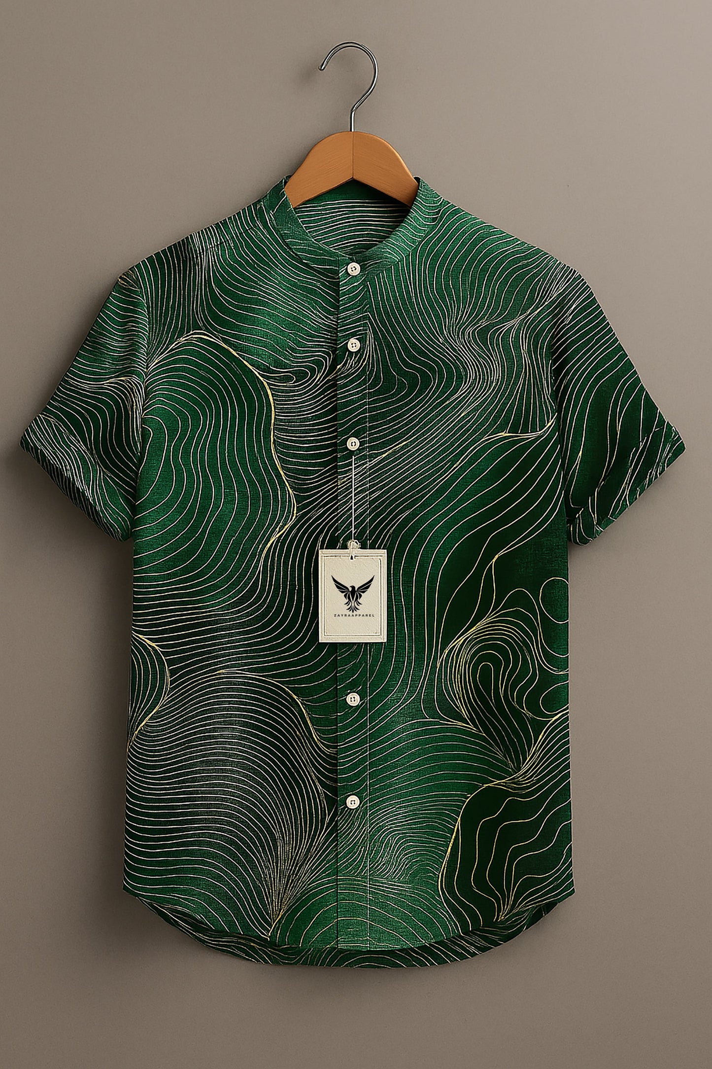 Abstract Green Geometric Stripes Vintage Print Casual 100% Cotton Shirt
